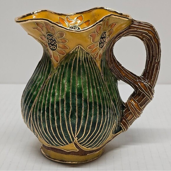 Vintage Oriental Enameled Cloisonne Vase, Decorative Floral Creamer Pitcher - Picture 2 of 8